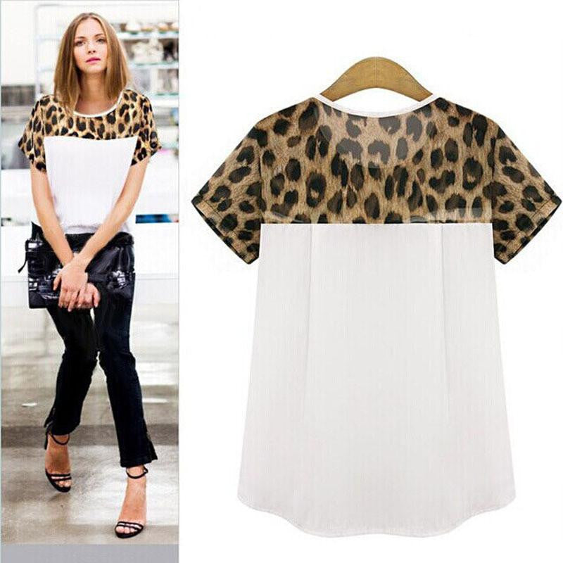 Online discount shop Australia - Feitong 2 Colors Plus Size 3XL  Women Casual Clothing Leopard Printing Patchwork Chiffon Tops Tee Shirt