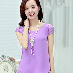 Womens Tops White Tees Crochet Lace Floral Shoulder Sleeve Loose Chiffon Blouses Female Shirts