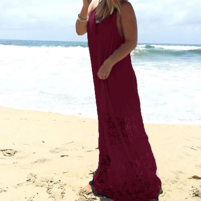 Sleeveless Summer Women Lace Patchwork Casual Loose Long Maxi Dress Strapless White Beachwear Plus Size