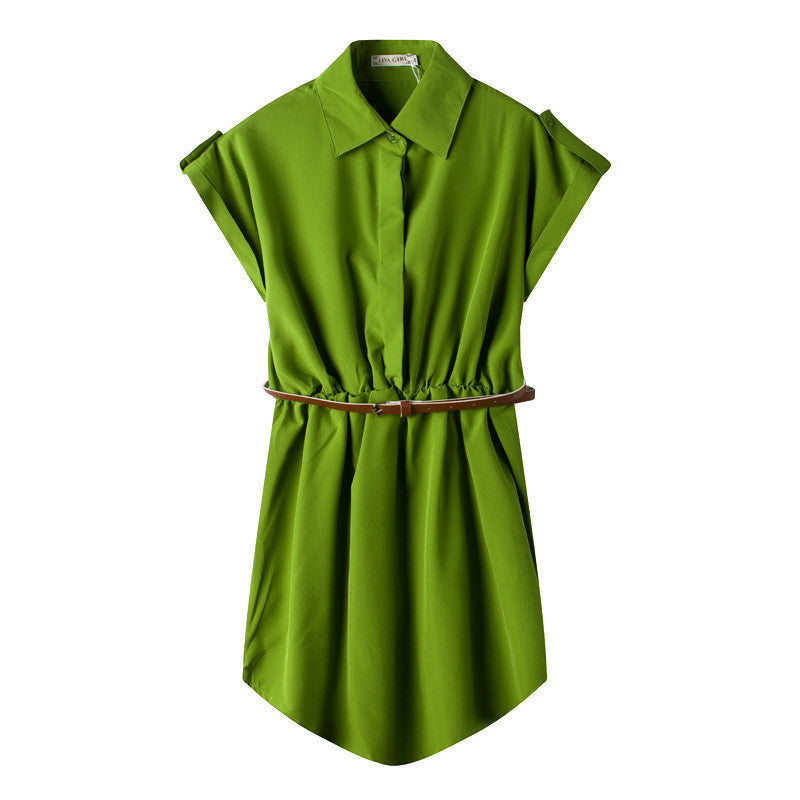 Online discount shop Australia - Ladies Chiffon Lapel Collar Dress for Women Shirts Short Sleeve Blouse Female Dresses With Belt