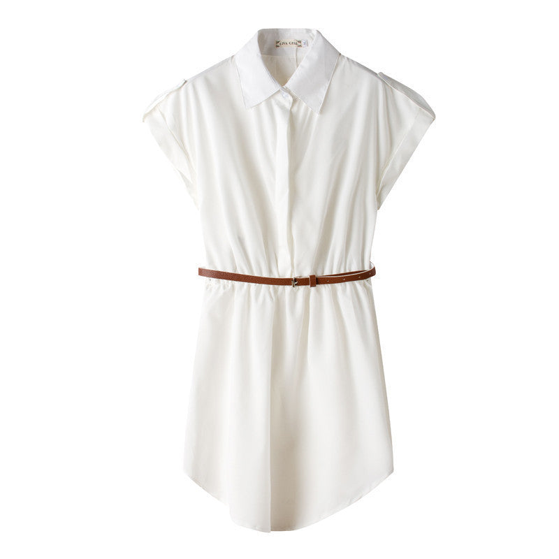 Online discount shop Australia - Ladies Chiffon Lapel Collar Dress for Women Shirts Short Sleeve Blouse Female Dresses With Belt