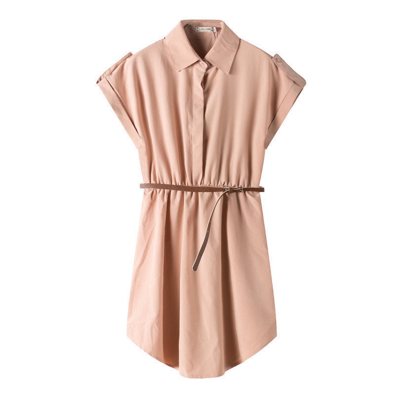 Online discount shop Australia - Ladies Chiffon Lapel Collar Dress for Women Shirts Short Sleeve Blouse Female Dresses With Belt