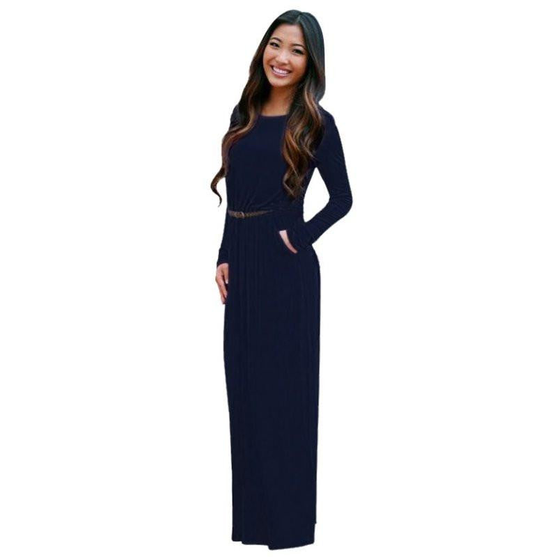 Woman Fashion Pocket Long Sleeve Long Maxi Dresses Black Dress Plus Size