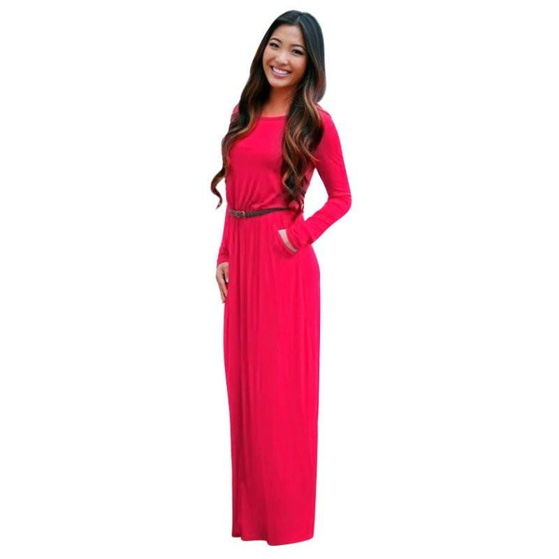 Woman Fashion Pocket Long Sleeve Long Maxi Dresses Black Dress Plus Size