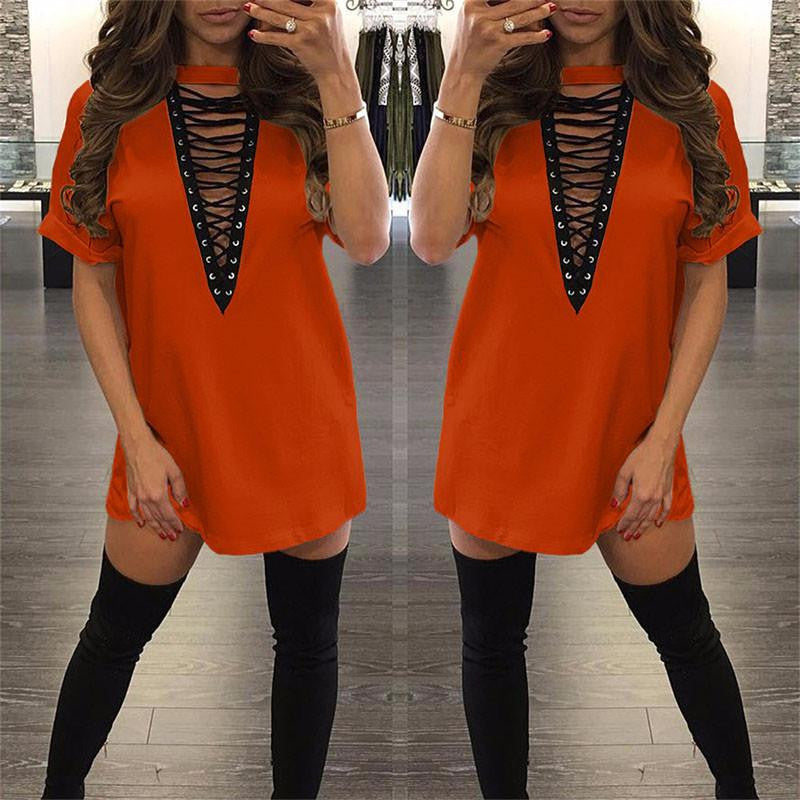 T Shirt Dress Women Deep V Neck Lace Up Bodycon Bandage Party Dresses Casual T-Shirt Dress Vestidos