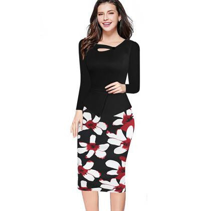 Women Floral Print Patchwork Working Sheath Long Sleeve Bodycon Office Plus Size 4XL 5XL Pencil Dress