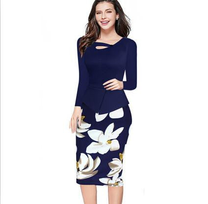 Women Floral Print Patchwork Working Sheath Long Sleeve Bodycon Office Plus Size 4XL 5XL Pencil Dress