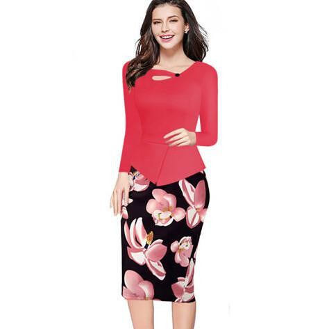 Women Floral Print Patchwork Working Sheath Long Sleeve Bodycon Office Plus Size 4XL 5XL Pencil Dress