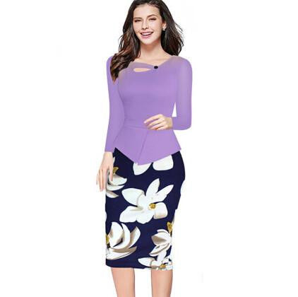 Women Floral Print Patchwork Working Sheath Long Sleeve Bodycon Office Plus Size 4XL 5XL Pencil Dress