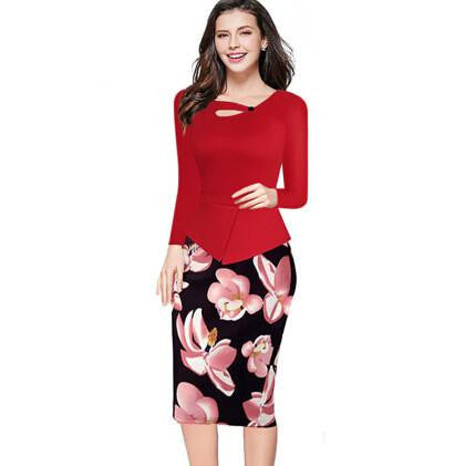 Women Floral Print Patchwork Working Sheath Long Sleeve Bodycon Office Plus Size 4XL 5XL Pencil Dress