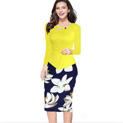 Women Floral Print Patchwork Working Sheath Long Sleeve Bodycon Office Plus Size 4XL 5XL Pencil Dress