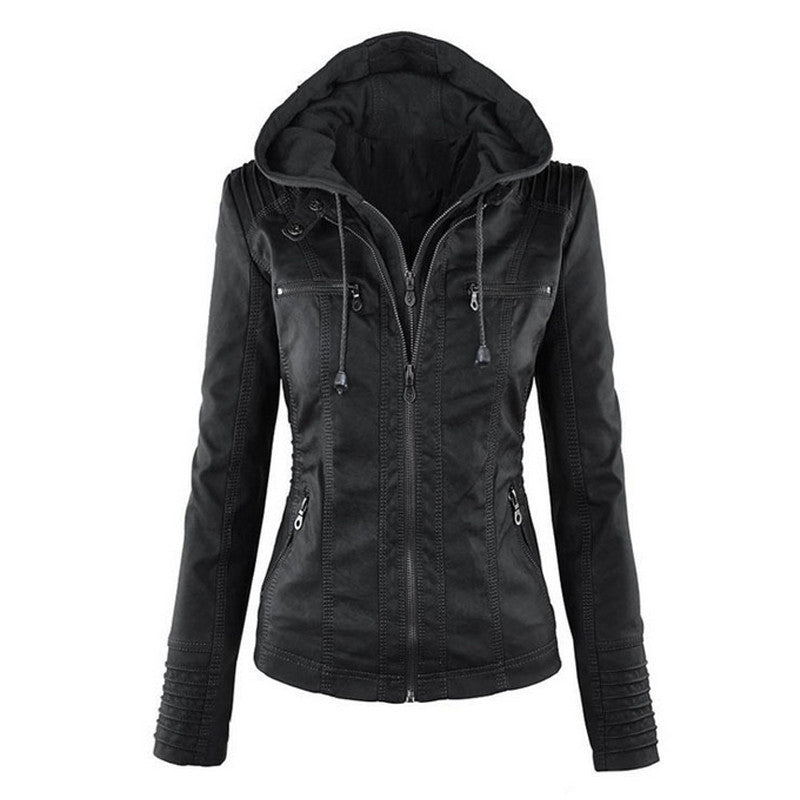 Women's Leather Jacket Coat Hoodies Hooded Lapel Zipper Detachable Leather Jacket Female