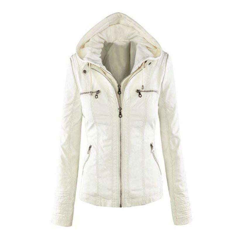 Women's Leather Jacket Coat Hoodies Hooded Lapel Zipper Detachable Leather Jacket Female