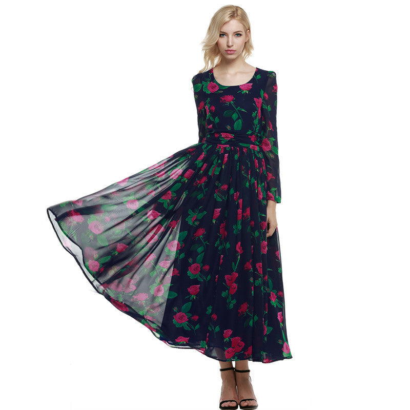 Online discount shop Australia - Dress Fashion Women Ladies Tunic Maxi Long Chiffon Dress Long Sleeve Floral Rose Dress Plus Size