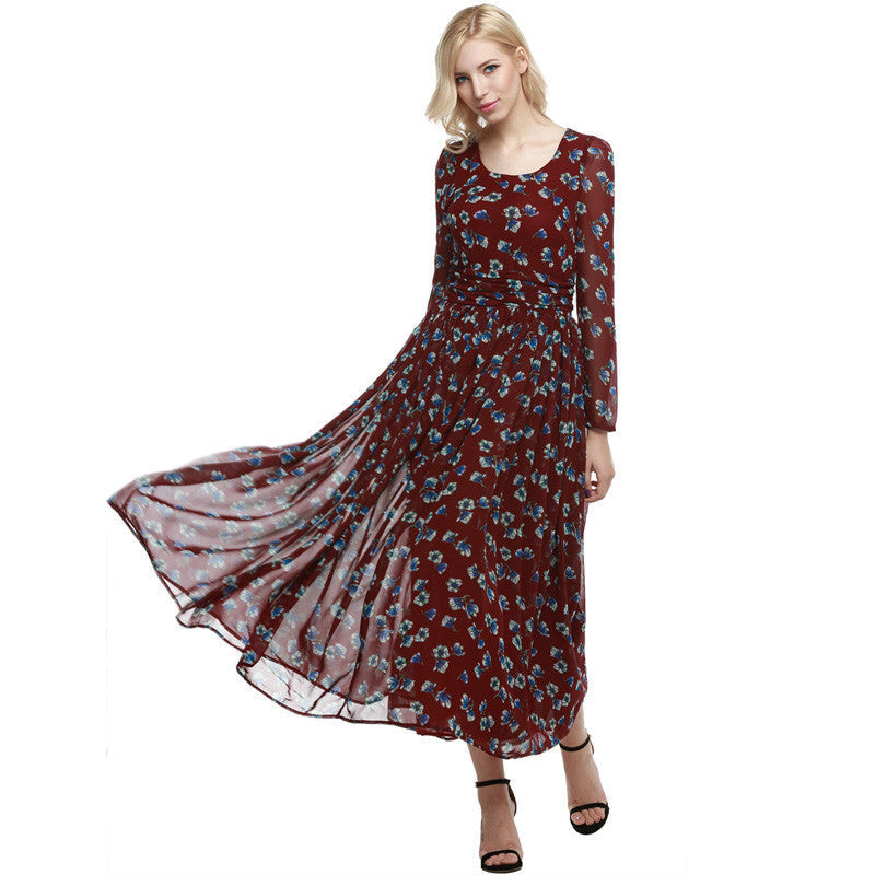 Online discount shop Australia - Dress Fashion Women Ladies Tunic Maxi Long Chiffon Dress Long Sleeve Floral Rose Dress Plus Size