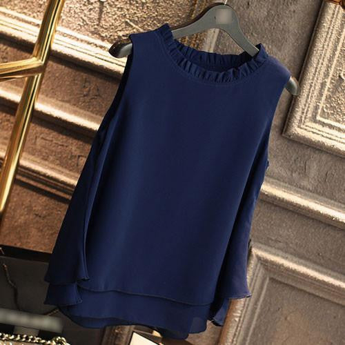 Women Tops Sleeveless Blouses Plus Size Loose Ruffle White Shirt Fashion Chiffon Blouse For Women