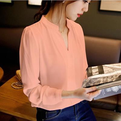 Online discount shop Australia - chiffon blouse ladies candy color elegant v-neck blouses long sleeve chiffon shirt work tops