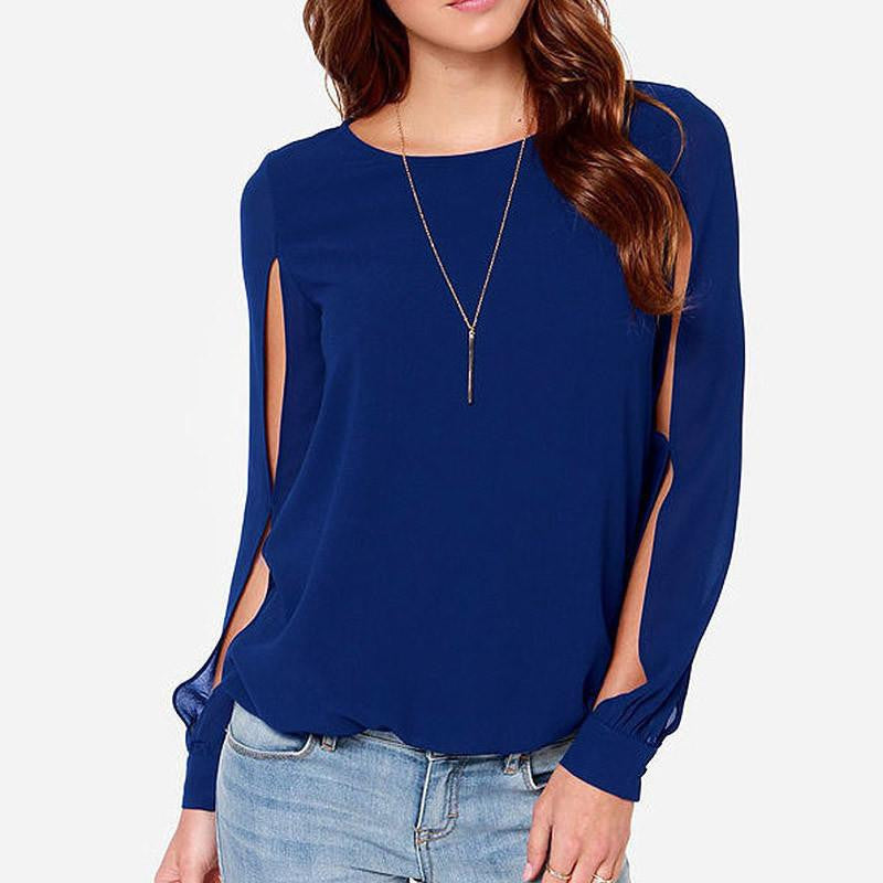 Women Casual Loose Long Sleeve Vintage Solid Chiffon Tops Tee T Shirt T-Shirt