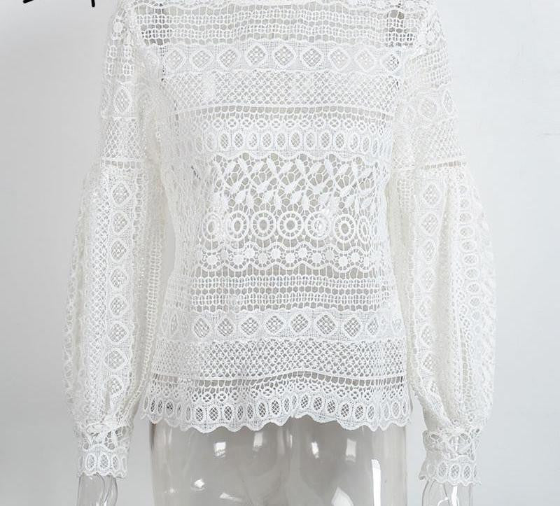 White lace blouse shirt women top Casual hollow out lantern sleeve pink elegant geometry cool blouse