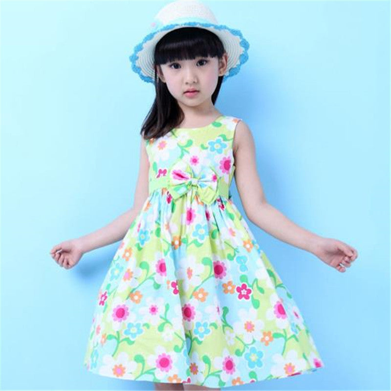 New Brand Girls Dress Summer Floral Big Bow Cotton Sleeveless Kids Flower Sundress Party Birthday Lovely Girls Clothes - CelebritystyleFashion.com.au online clothing shop australia