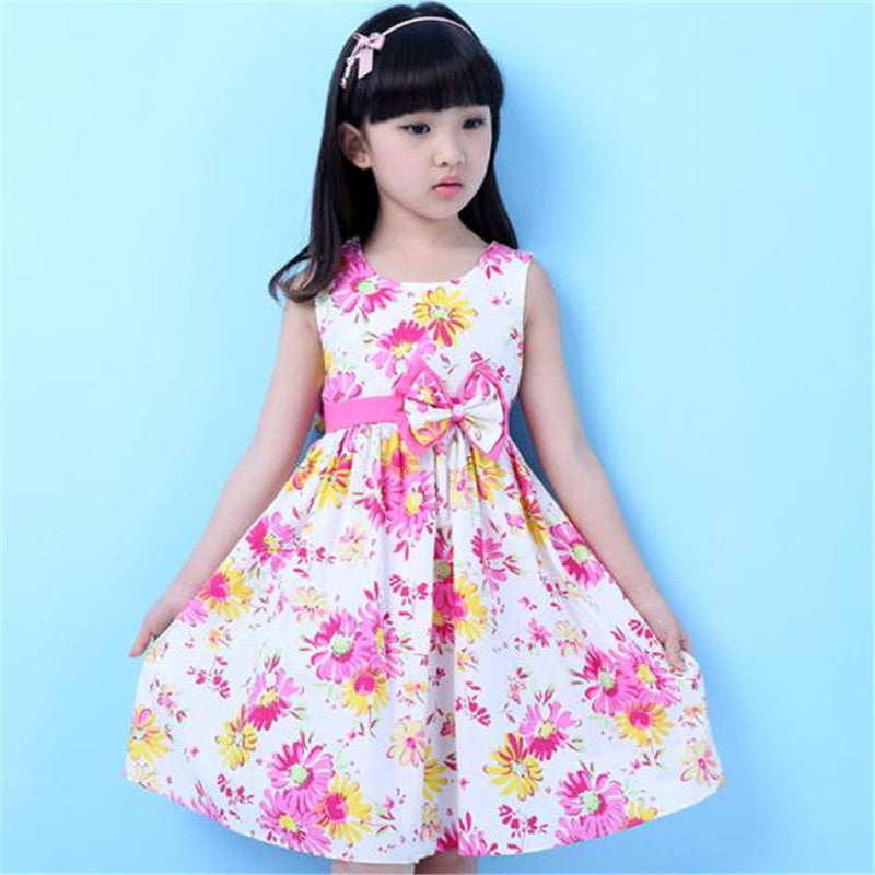 New Brand Girls Dress Summer Floral Big Bow Cotton Sleeveless Kids Flower Sundress Party Birthday Lovely Girls Clothes - CelebritystyleFashion.com.au online clothing shop australia