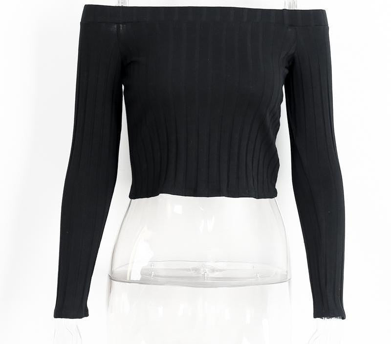 slash neck women tops Long sleeve european style Girl t shirt crop top black t-shirt top crop