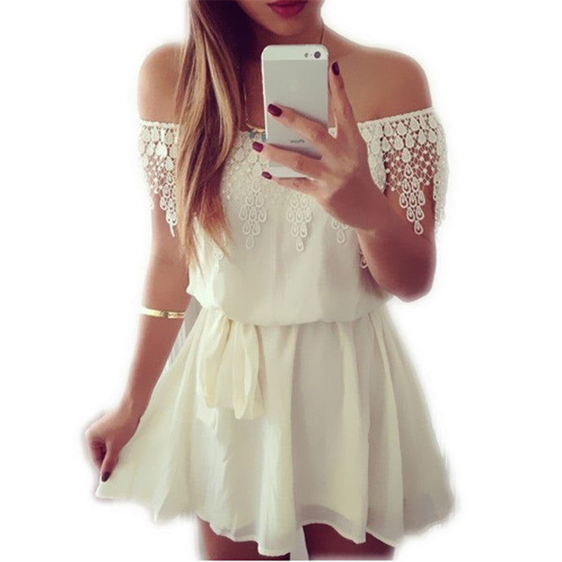 Fashion Summer Style Women Dress Ladies Off Shoulder Lace Crochet A Line Mini Dress Party Club