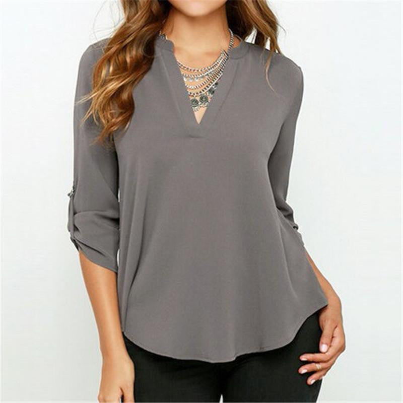 Women V Neck Chiffon Blouse Casual Long Sleeve OL Style Solid Shirts Tops 6 Colors Plus Size S--3XL