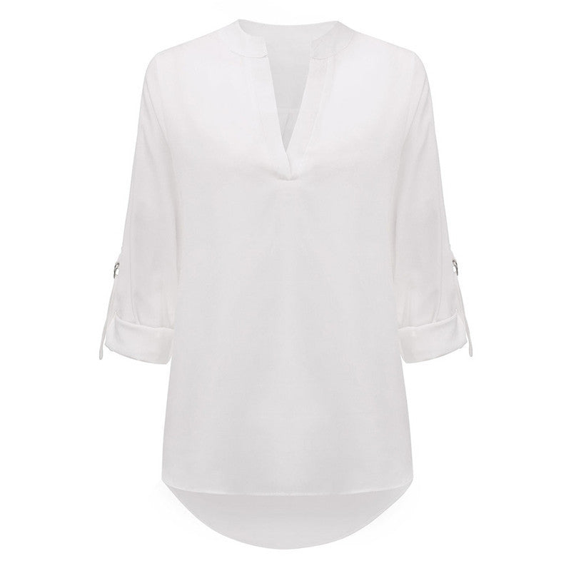 Women V Neck Chiffon Blouse Casual Long Sleeve OL Style Solid Shirts Tops 6 Colors Plus Size S--3XL