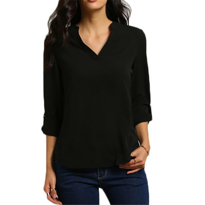 Women V Neck Chiffon Blouse Casual Long Sleeve OL Style Solid Shirts Tops 6 Colors Plus Size S--3XL