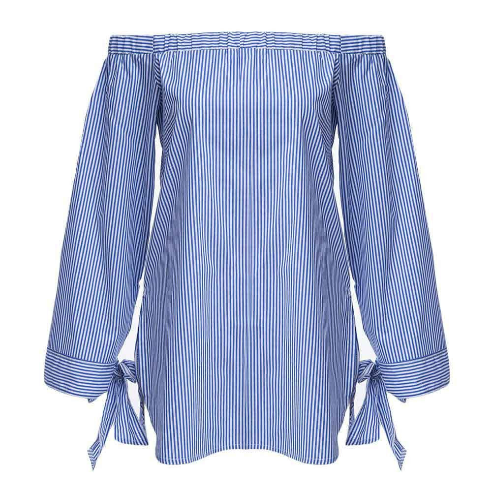 Women Elegant Blue White Striped Blouse Off The Shoulder Blouses Slash Neck Long Sleeve Bow Tops