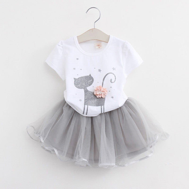 Keelorn Girls Dress Brand Kids Clothes White Cartoon Short Sleeve T-Shirt+Veil Dress 2Pcs baby girl clothes for 2-6Y - CelebritystyleFashion.com.au online clothing shop australia