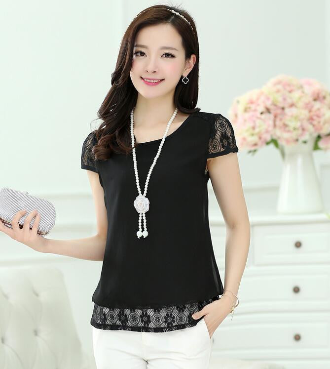 Women's Tops White Tees Crochet Lace Floral Shoulder Short Sleeve Loose Chiffon Blouses Female Shirts