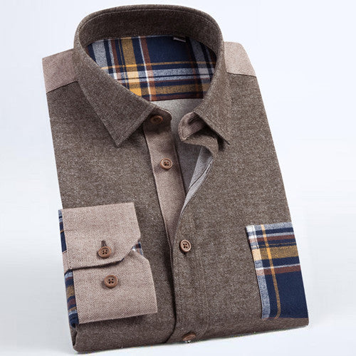 Autumn Young Mens Long Sleeve 100% Cotton Flannel Shirts Patchwork Collar Classic-fit Comfort Soft Button-Down Casual Shirt - CelebritystyleFashion.com.au online clothing shop australia