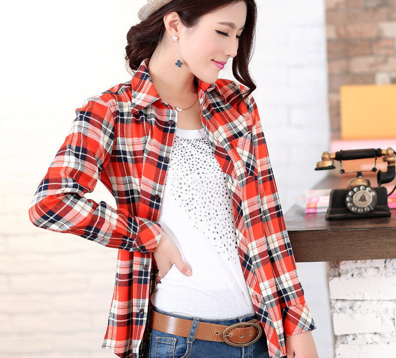 Fashion 16 colors girl's plaid flannel casual shirt female long sleeve plaid shirt ladies plus size women's Tops
