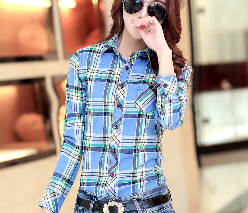 Fashion 16 colors girl's plaid flannel casual shirt female long sleeve plaid shirt ladies plus size women's Tops