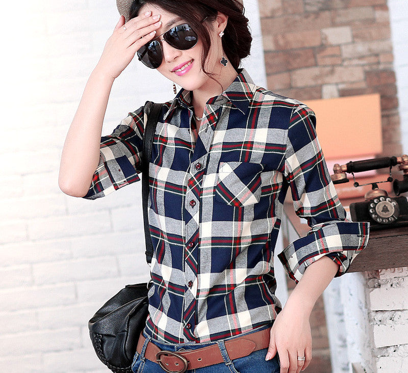 Fashion 16 colors girl's plaid flannel casual shirt female long sleeve plaid shirt ladies plus size women's Tops