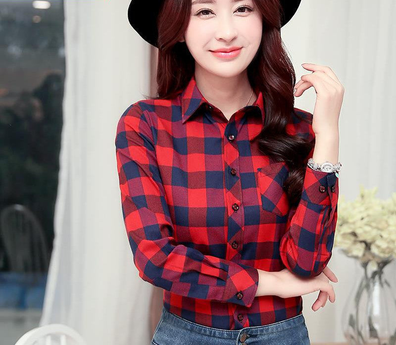 Fashion 16 colors girl's plaid flannel casual shirt female long sleeve plaid shirt ladies plus size women's Tops