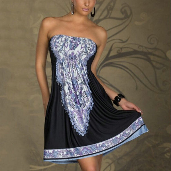 Women Mini Dress Casual Floral Bandeau Beach Summer Boho Maxi Sundress