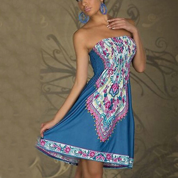 Women Mini Dress Casual Floral Bandeau Beach Summer Boho Maxi Sundress