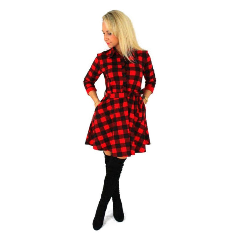 Online discount shop Australia - Fashion Women Plaid Flannel Short Mini Dresses 3/4 Sleeve Shirt Dresses Belted Dresses