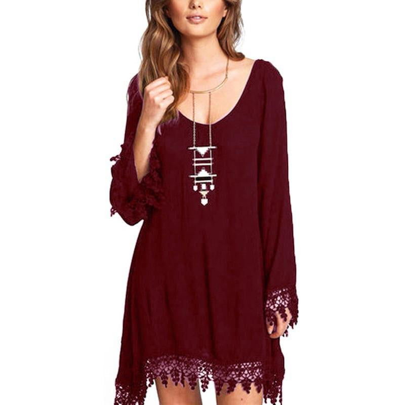 Women Lace Tassels Beach Dress Casual Loose Solid Short Mini Party Dress Plus Size