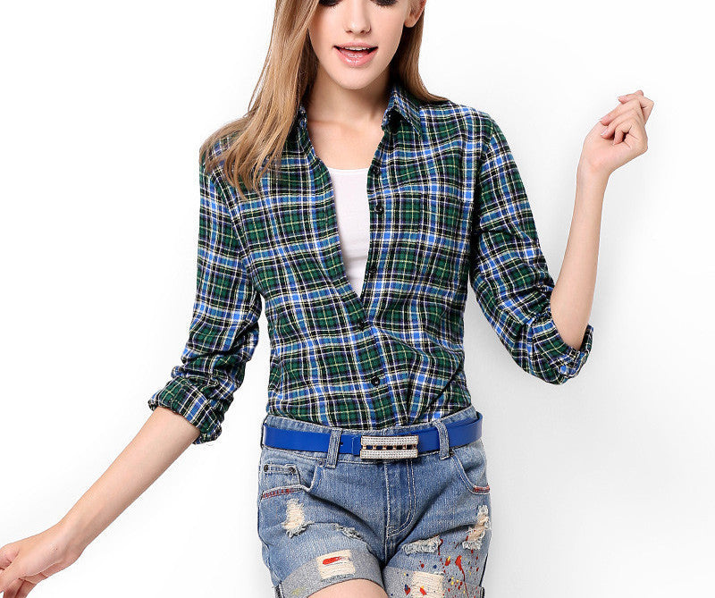 Online discount shop Australia - cotton women's Blouses sanded female long-sleeve plaid shirt Women 100% cotton Flannel shirt Tops