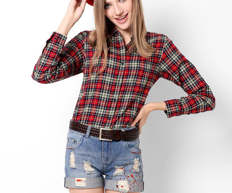 Online discount shop Australia - cotton women's Blouses sanded female long-sleeve plaid shirt Women 100% cotton Flannel shirt Tops