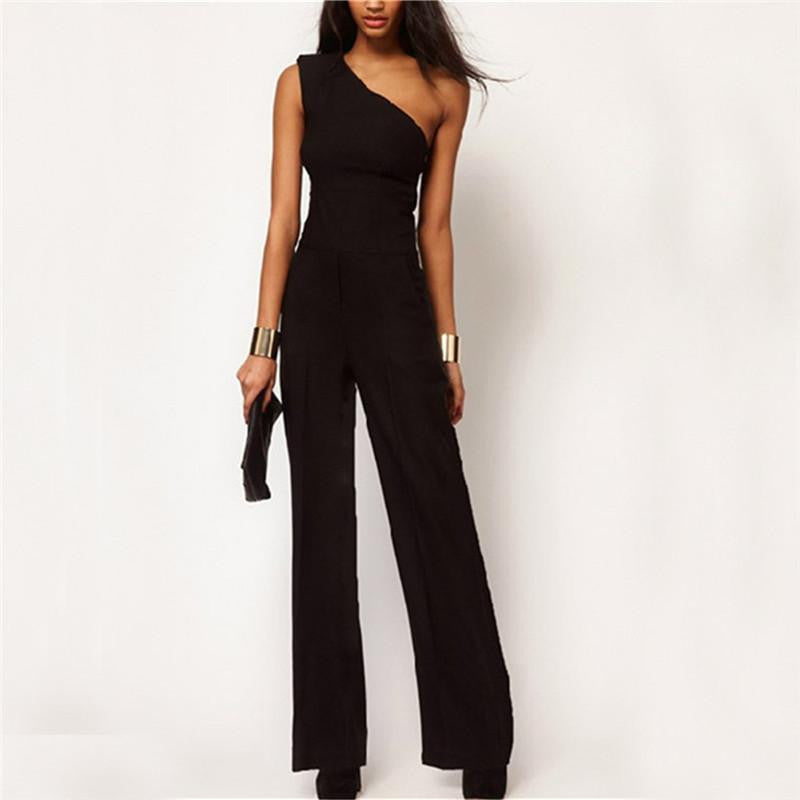 Style Black Chiffon Women Long Rompers Jumpsuit One Shoulder Off Empire Club Party Playsuits Overalls
