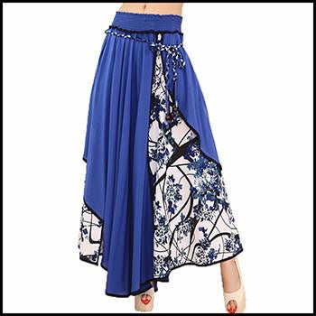 Women Skirt Casual Bohemian Floral Patchwork Asymmetric Long Skirt Pleated Big Hem