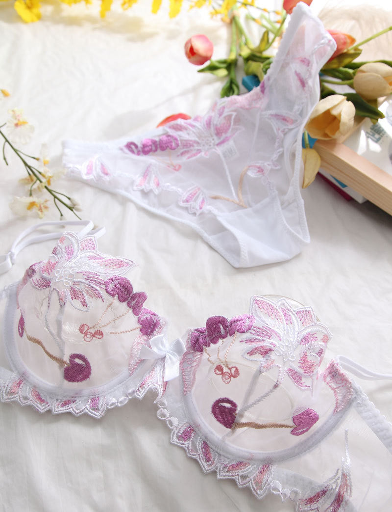 Cherry embroidery lace bra briefs set sexy push up underwear bra set women lingerie bra and panty set intimates