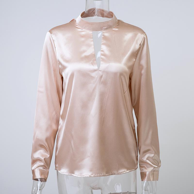 Satin Ruffles Women Blouse Hollow Out Back O Neck Long Sleeve Party Evening Ladies Tops Shirts