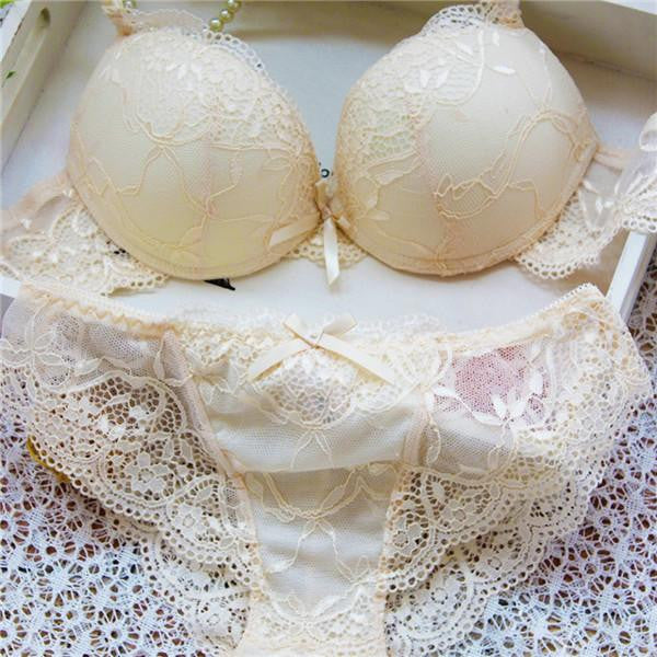 Women Lady Cute Underwear Satin Lace Embroidery Bra Sets With Panties