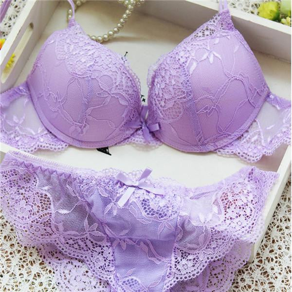 Women Lady Cute Underwear Satin Lace Embroidery Bra Sets With Panties